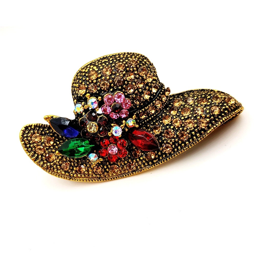 Vintage Beaded Color Leaf Floral Embellished Gardener Hat Brooch Gold Pin