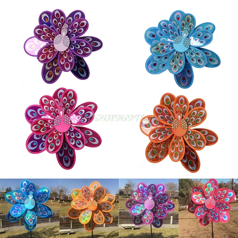 Double Layer Peacock Laser Sequins Windmill Colorful Wind Spinner Home Garden Decor Yard Kids Toy