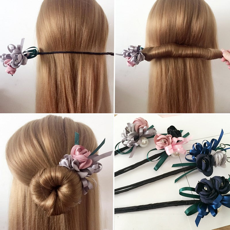 Women Flower Bun Maker Pearls Ribbon Hair Style Making Tools Hair Accessories