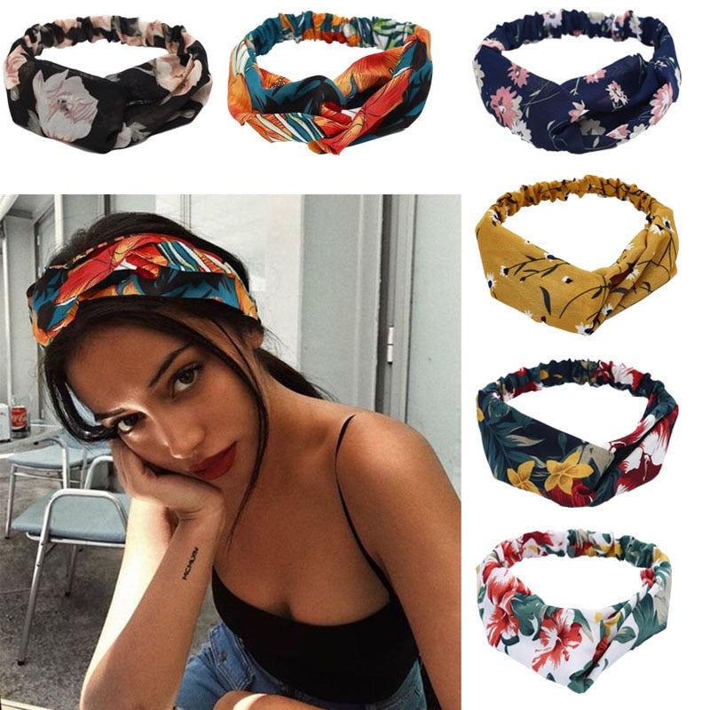 Retro  Style Hairband Floral Print Cross Knot headband