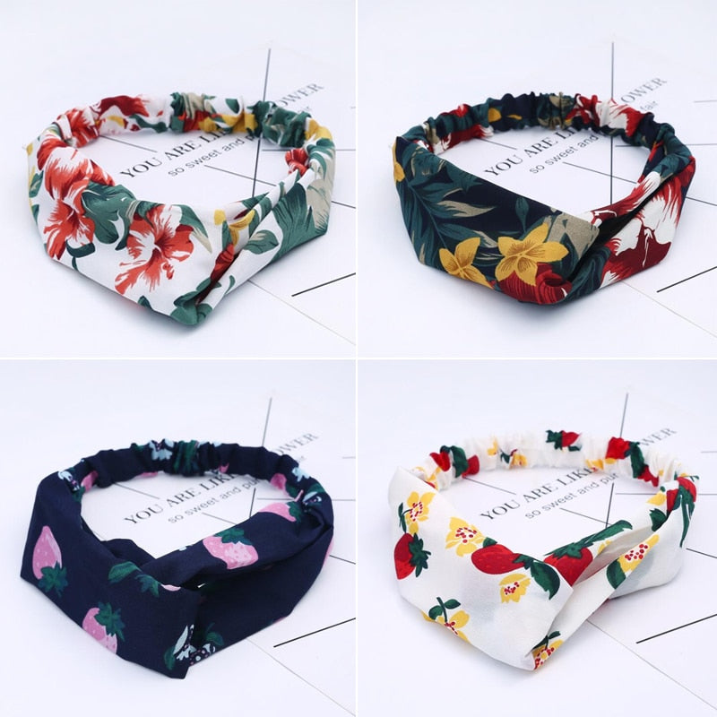 Retro  Style Hairband Floral Print Cross Knot headband