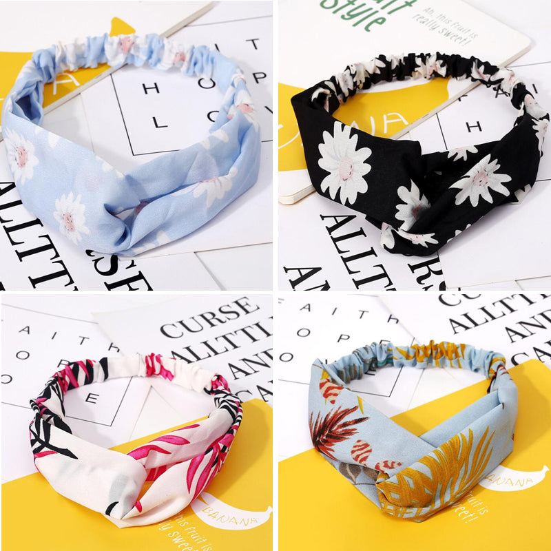 Retro  Style Hairband Floral Print Cross Knot headband