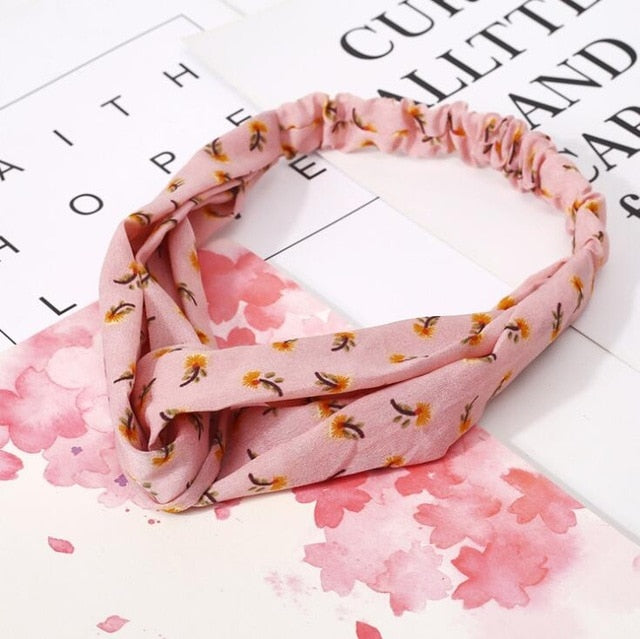 Retro  Style Hairband Floral Print Cross Knot headband