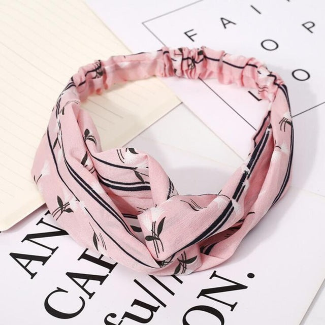 Retro  Style Hairband Floral Print Cross Knot headband