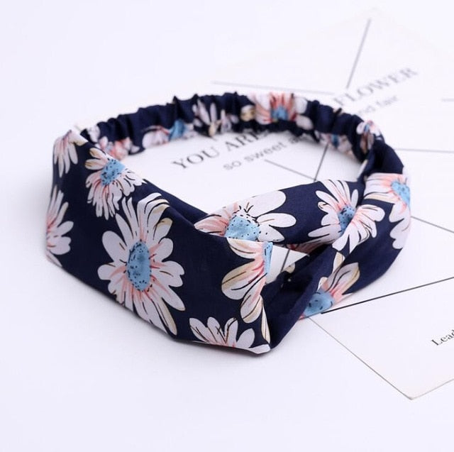 Retro  Style Hairband Floral Print Cross Knot headband